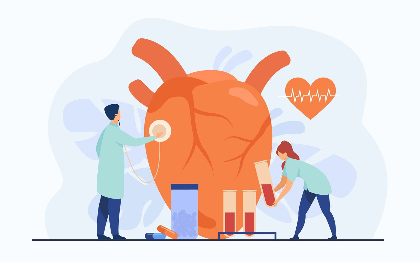 cardiologists examining heart with stethoscope blood samples lab tubes pills heartbeat diagram vector illustration cardiology medical examination heart disease